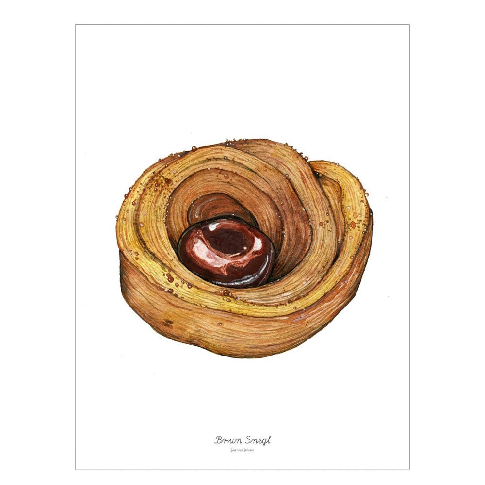 Anledningskort / Kage / Brun Snegl. Håndmalet kort med brun snegl – fin og stemningsfuld illustration af Joanna Jensen.