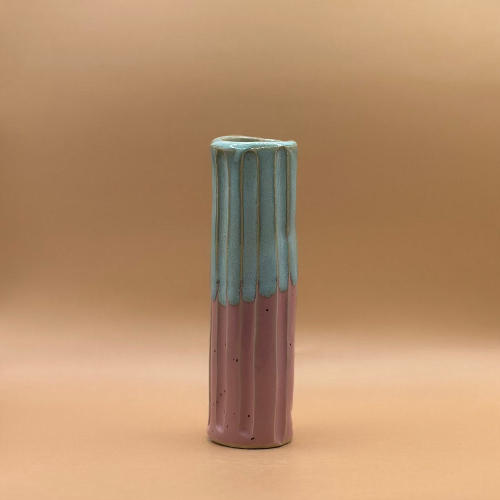 Keramik Lysestage / Vase / Lyseblå & Lyserød / Mellem. - Keramik Lysestage / Vase.