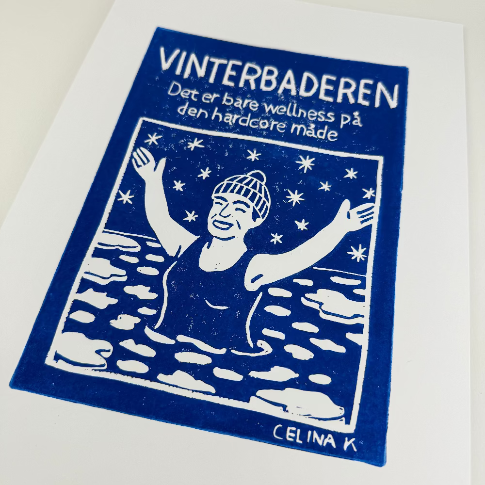 Celina Linoleumstryk / Plakat / Linoleumstryk / Vinterbaderen / Blå