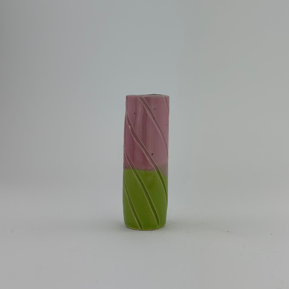 Keramisk Lysestage / Vase / Lyserød & Lysegrøn / Mellem