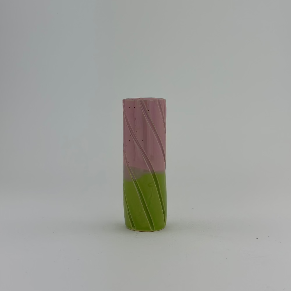 Keramisk Lysestage / Vase / Lyserød & Lysegrøn / Mellem