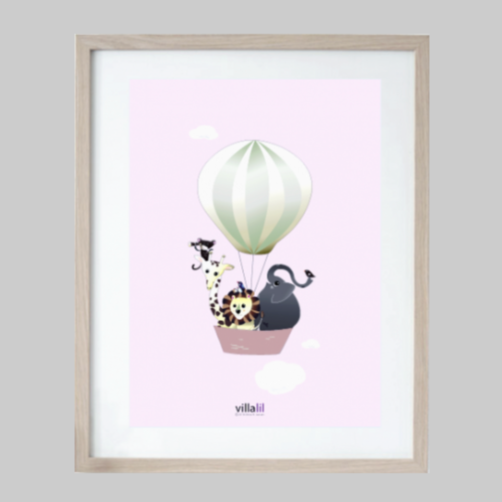 Villalil / Plakat & Kort / Luftballon / Lyserød.
Dyreplakat til børneværelse med eventyrlig luftballon.