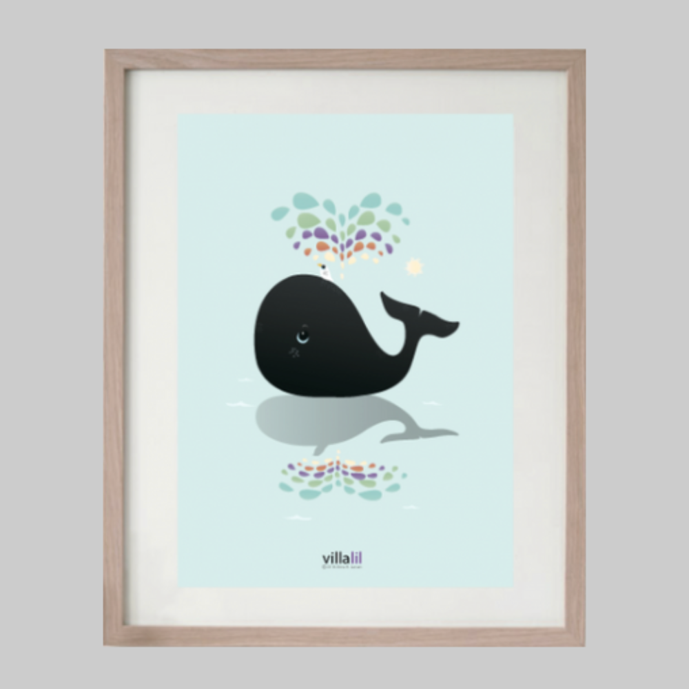 Villalil / Plakat & Kort / Hvalen og regnbuen / Lyseblå.
Fantasifuld børneplakat med hval og regnbue.