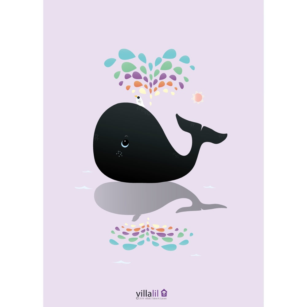 Villalil / Plakat & Kort / Hvalen og regnbuen / Lyserød.
Villalil plakat med sød hval illustration.