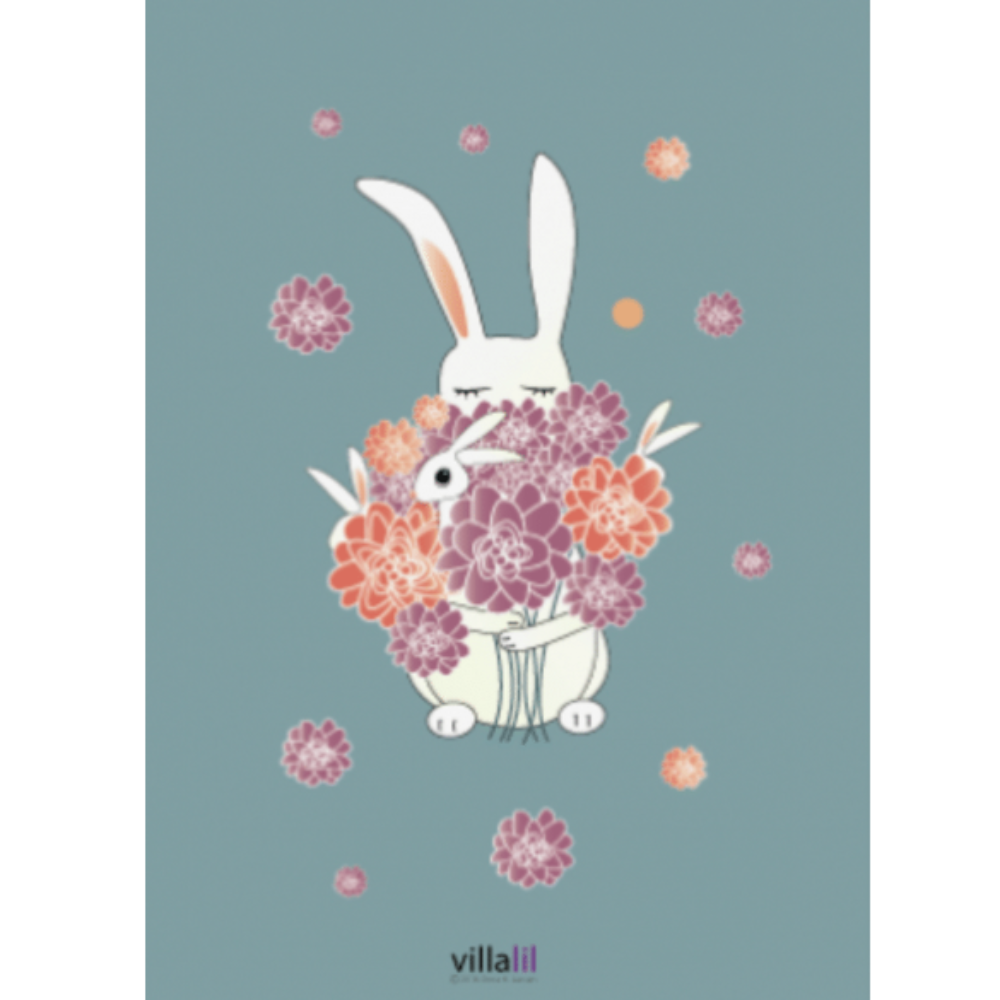Villalil / Plakat & Kort / Kanin med buket / Grøn.
Kanin plakat med blomster fra Villalil.