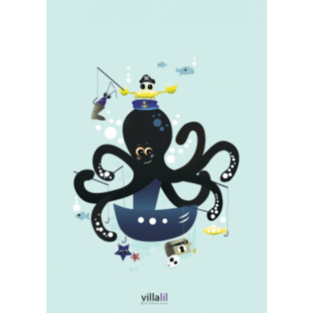 Villalil / Plakat & Kort / Fisketuren.
Børneplakat med blæksprutte på fisketur fra Villalil.