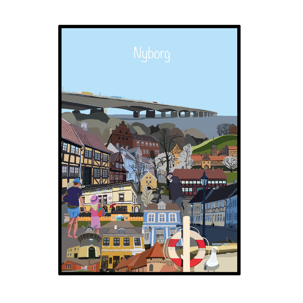 Plakat / Nyborg Byplakat #1 / Nyborg Grafik & Web.
Plakat med Nyborg by og Storebæltsbroen i baggrunden.
Byplakat med huse, gader og bro ved Nyborg.