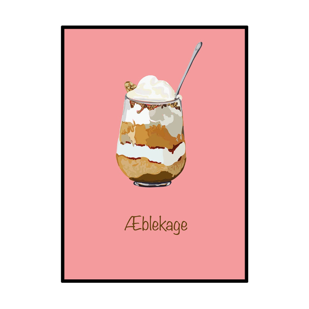 Plakat / Gammeldags æblekage / Nyborg Grafik & Web plakat.
Plakat med gammeldags æblekage i glas med flødeskum.
Køkken plakat med æblekage og lyserød baggrund.