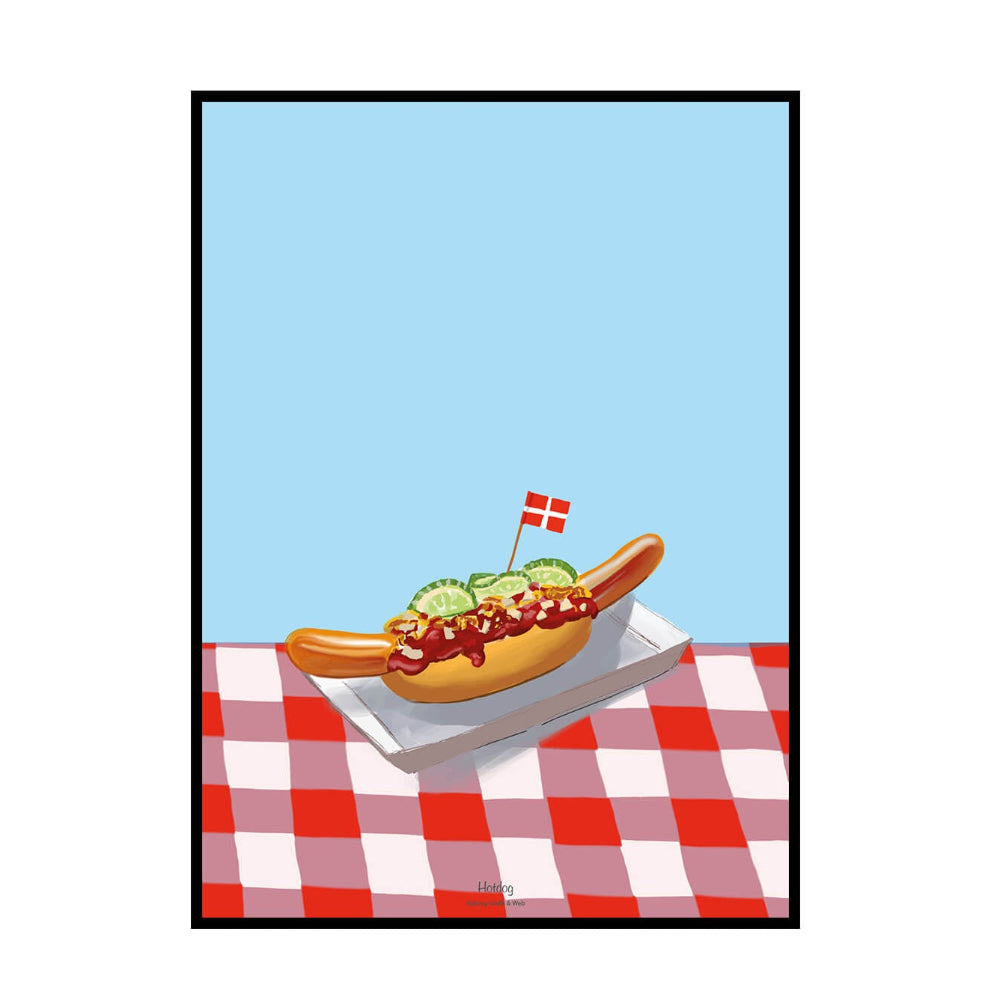 Plakat / Hotdog / Nyborg Grafik & Web.
Plakat med dansk hotdog med ketchup, sennep og ristede løg.
Illustration af dansk hotdog med det hele og flag.