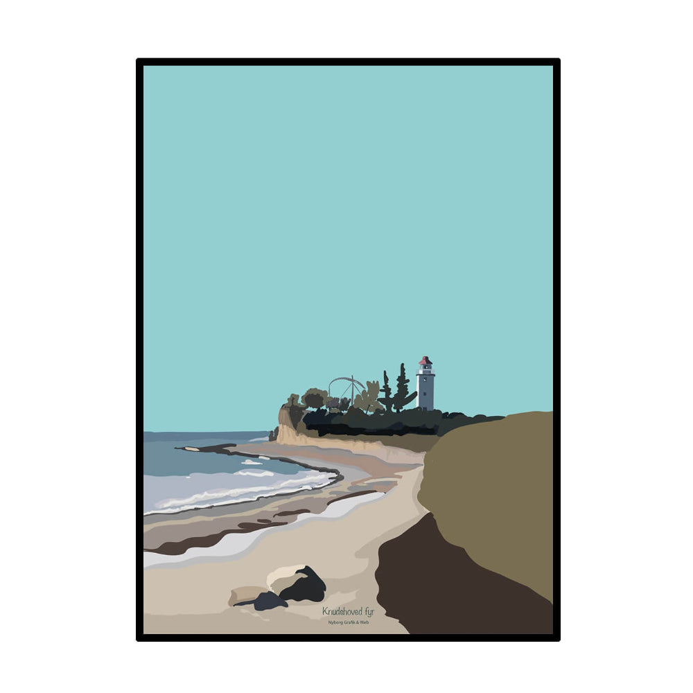 Plakat / Knudshoved Fyr / Nyborg Grafik & Web.
Plakat med Knudshoved Fyr ved kysten i Nyborg.
Illustration af dansk strand med fyrtårn.