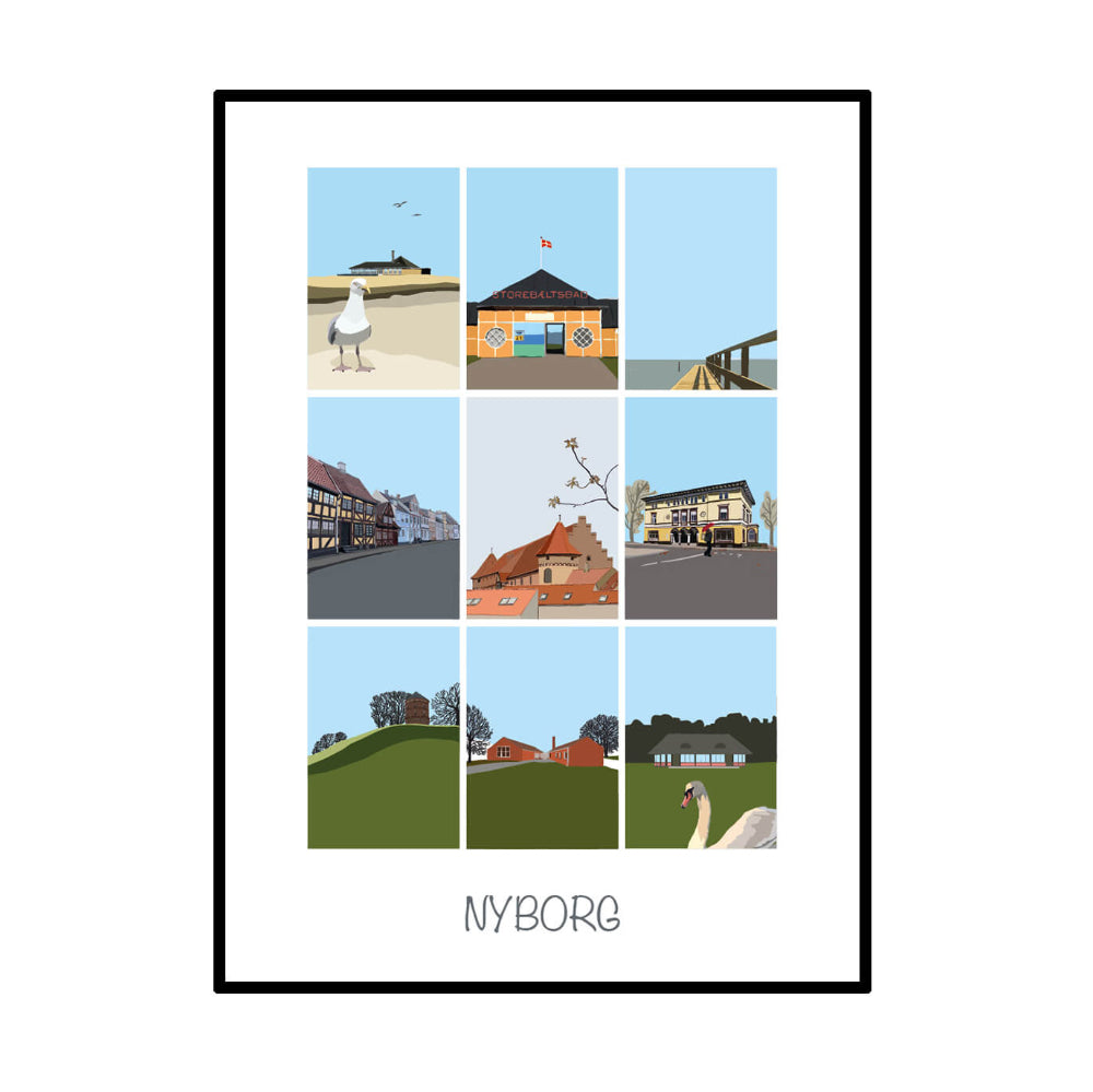 Plakat / Glimt af Nyborg / Nyborg Grafik & Web.
Plakat med flere motiver fra Nyborg i grafisk stil.
Byplakat med collage af strand, by og natur fra Nyborg.