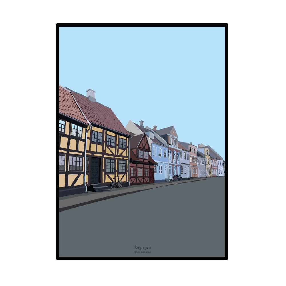 Plakat / Skippergade i Nyborg / Nyborg Grafik & Web.
Plakat af Skippergade i Nyborg med farverige huse.
Grafisk bymotiv fra Skippergade i Nyborg.