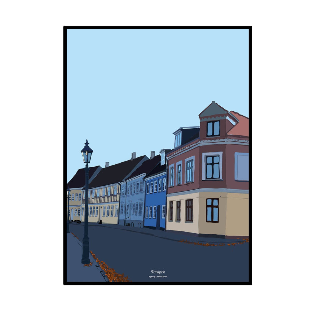 Plakat / Slotsgade i Nyborg / Nyborg Grafik & Web.
Plakat af Slotsgade i Nyborg med gadelygte.
Grafisk bymotiv fra Slotsgade i Nyborg.