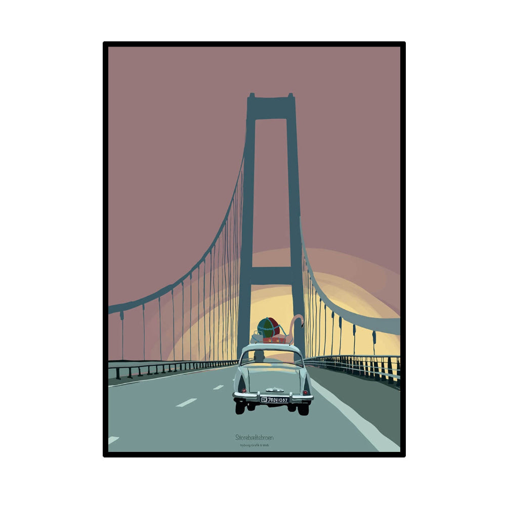Plakat / Storebæltsbroen / Nyborg Grafik & Web.
Plakat af Storebæltsbroen med bil i solnedgang.
Grafisk illustration af Storebæltsbroen.