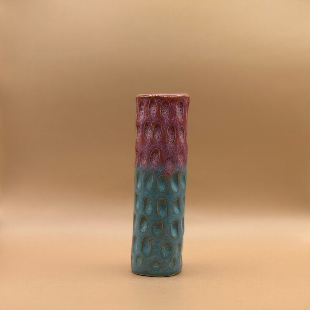 Keramik Lysestage / Vase / Mørk Rosa & Blå / Mellem. - Keramik Lysestage / Vase.