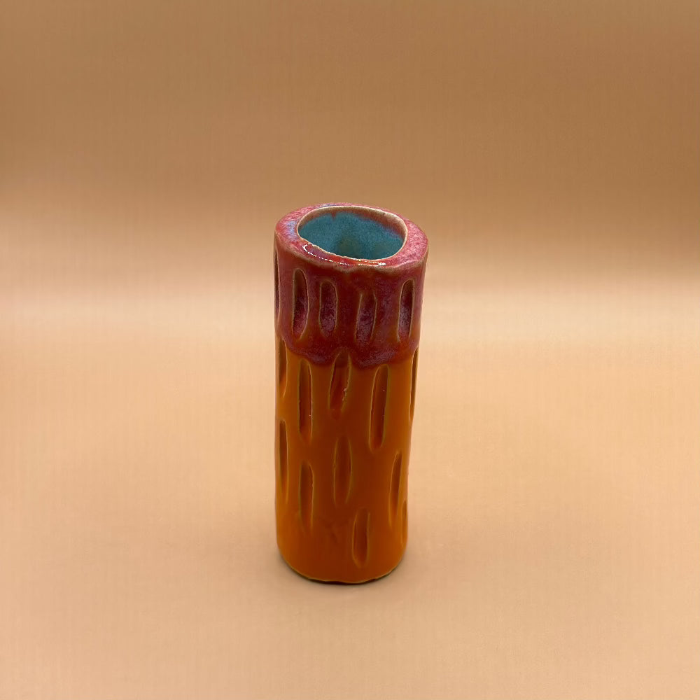 Keramik Lysestage / Vase / Mørk Rosa & Orange. - Keramik Lysestage / Vase.