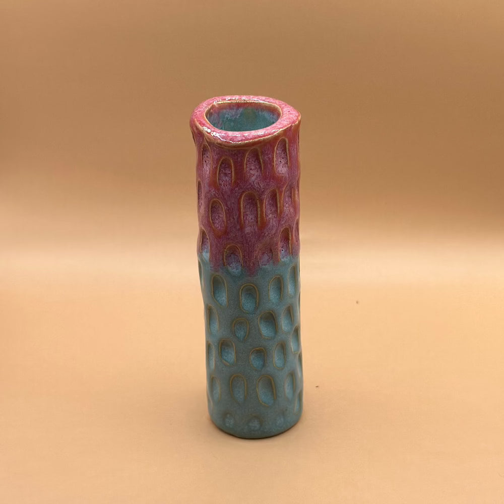 Keramik Lysestage / Vase / Mørk Rosa & Blå / Mellem. - Keramik Lysestage / Vase.