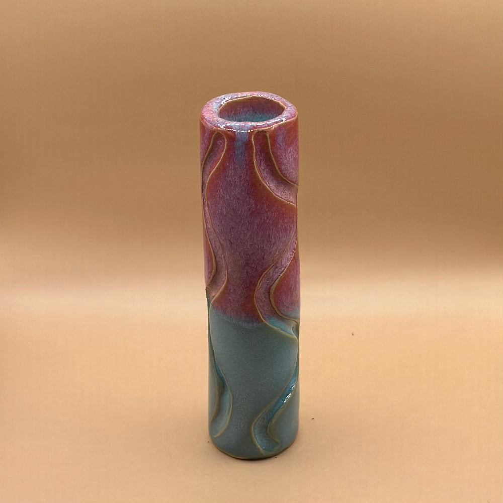 Keramik Lysestage / Vase / Mørk Rosa & Blå / Stor. - Keramik Lysestage / Vase.