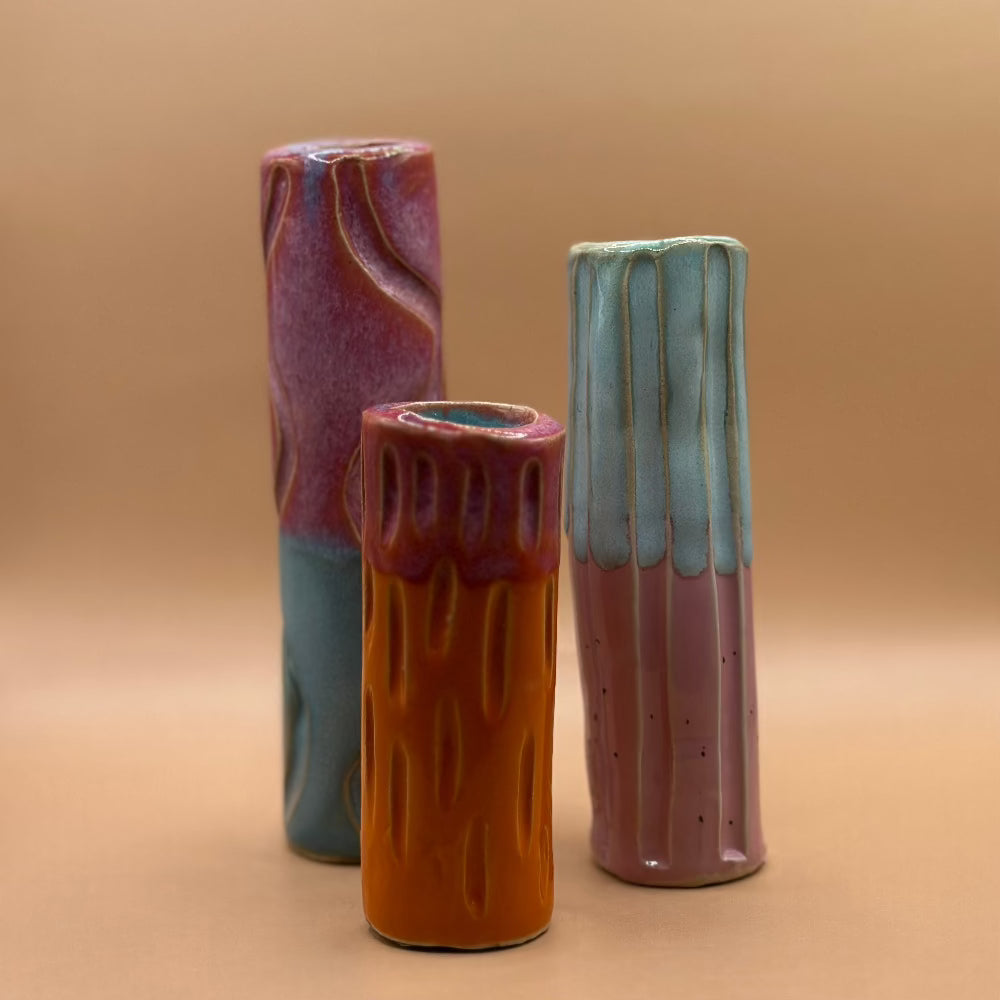 Keramik Lysestage / Vase / Mørk Rosa & Orange. - Keramik Lysestager / Vaser.