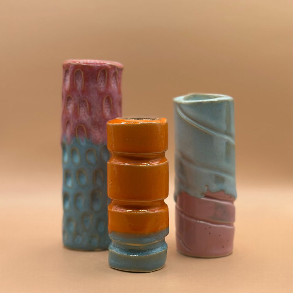 Keramik Lysestage / Vase / Mørk Rosa & Blå / Mellem. - Keramik Lysestager / Vaser.