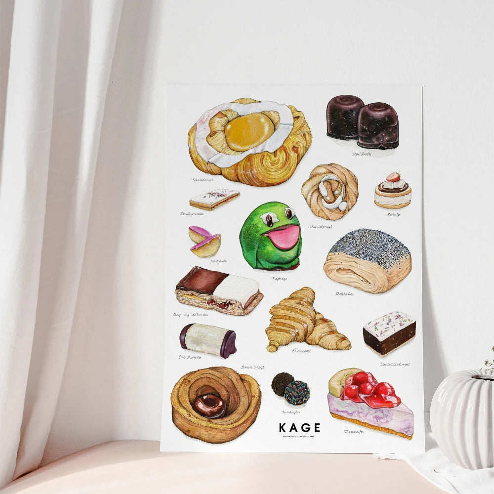 Plakat / Kage / Joanna Jensen. Håndmalede kageillustrationer samlet på én plakat – perfekt til køkkenet.
