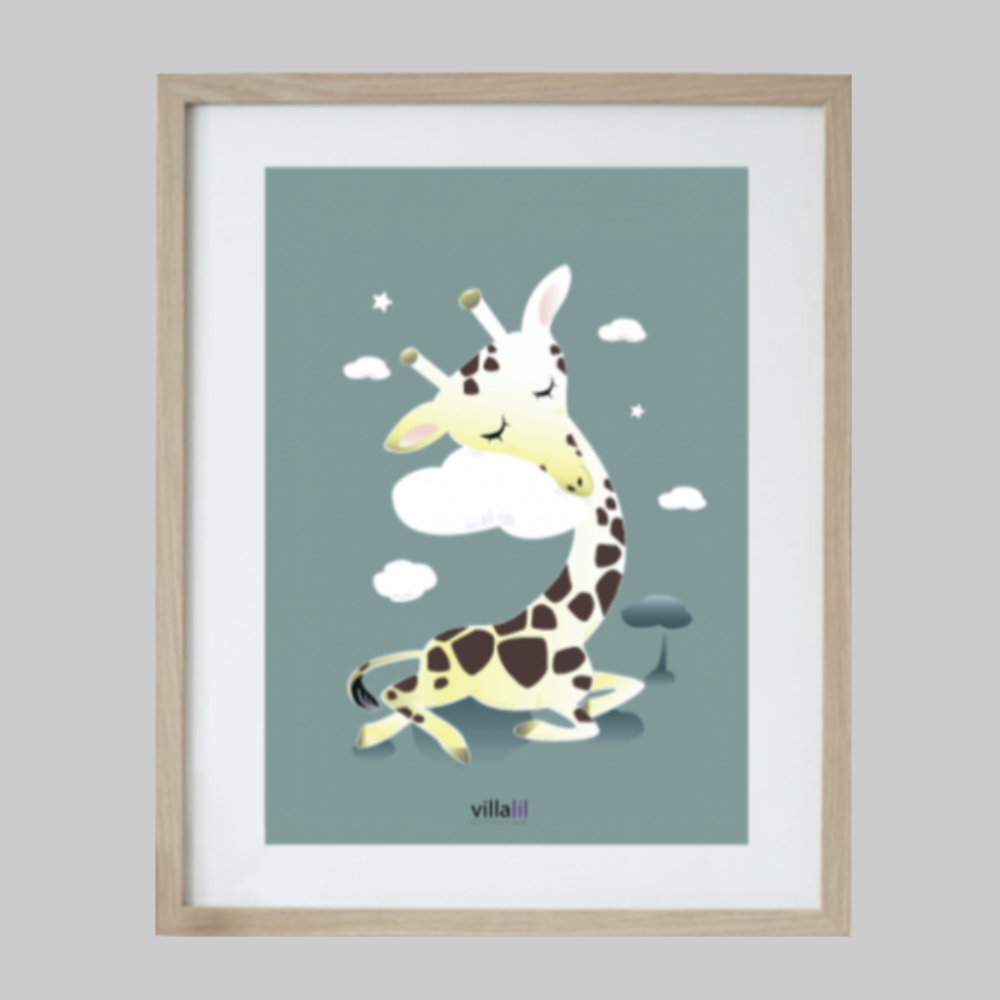 Villalil / Plakat & Kort / Giraf / Grøn.
Villalil plakat og kort med drømmende giraf illustration.