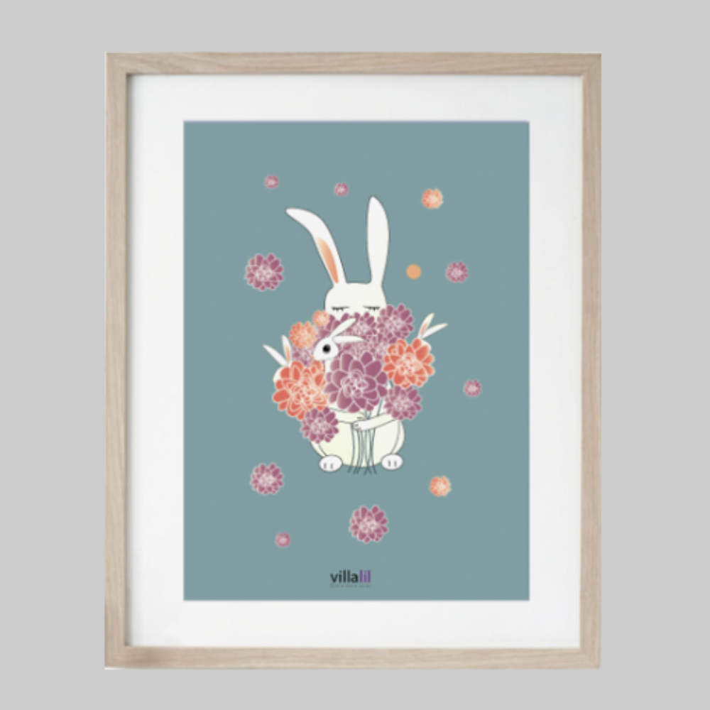 Villalil / Plakat & Kort / Kanin med buket / Grøn.
Fantasifuld børneplakat og kort med kanin og blomsterbuket.