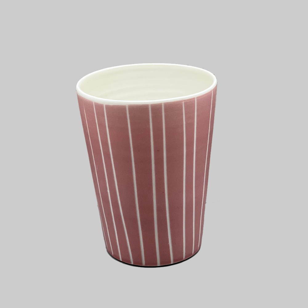 Krus uden hank / Keramik krus i rosa med striber / Keramisk krus uden hank / Rosa med striber.