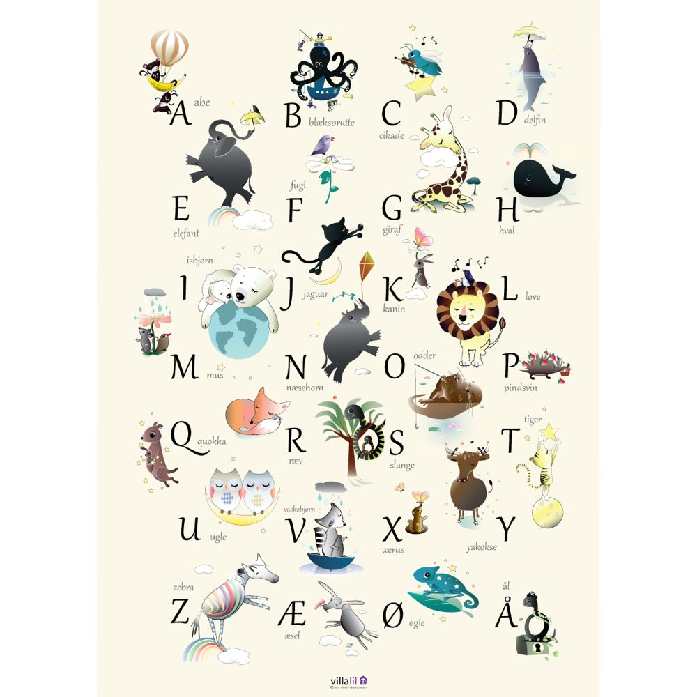 Villalil / Plakat & Kort / ABC.
Alfabet plakat til børneværelse med dyreillustrationer.