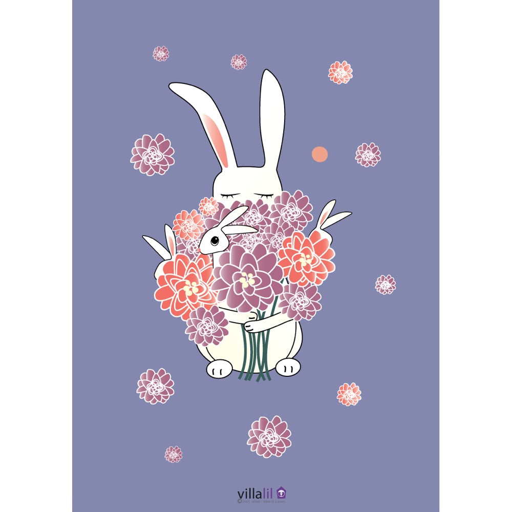 Villalil / Plakat & Kort / Kanin med buket / Lilla.
Dyreplakat til børneværelse med kanin og blomster.