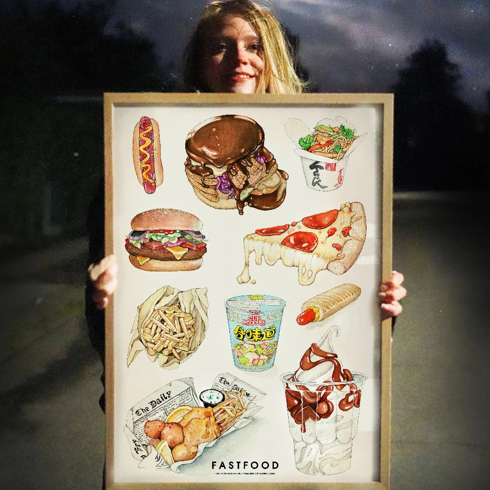 Plakat / Fastfood. Håndmalet fastfood illustration trykt som plakat – sjov og iøjnefaldende vægkunst af Joanna Jensen.