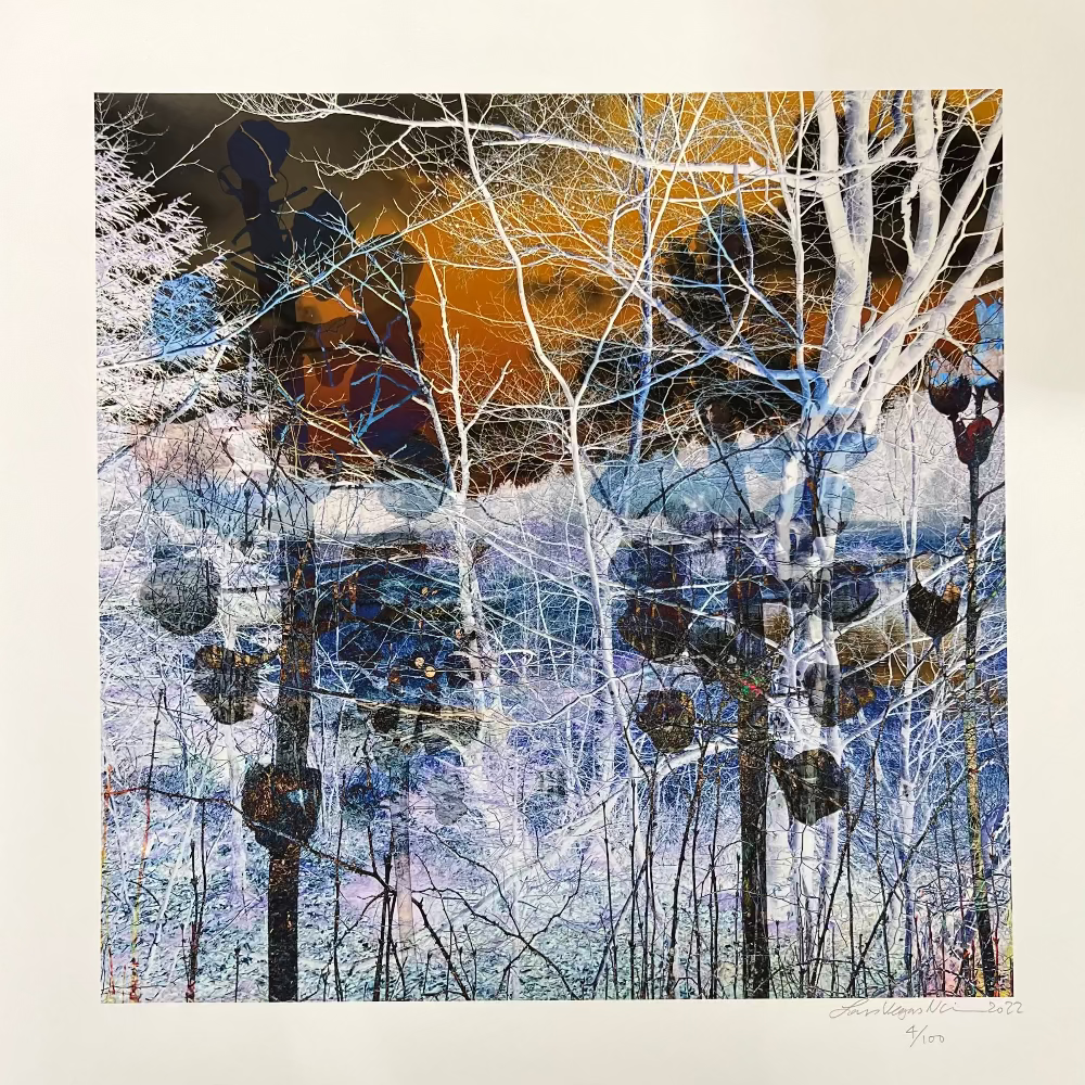Kunsttryk / The Woods 4 / Lars Vegas. Fotokunst collage af Lars Vegas med lyse trægrene, blå nuancer og varme farver i lagdelt og stemningsfuld skovkomposition.