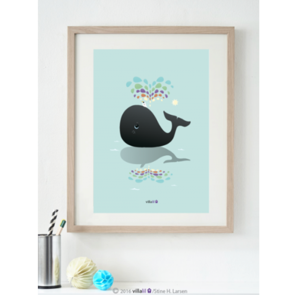 Villalil / Plakat & Kort / Hvalen og regnbuen / Lyseblå.
Dyreplakat med hval til babyværelse og børn.