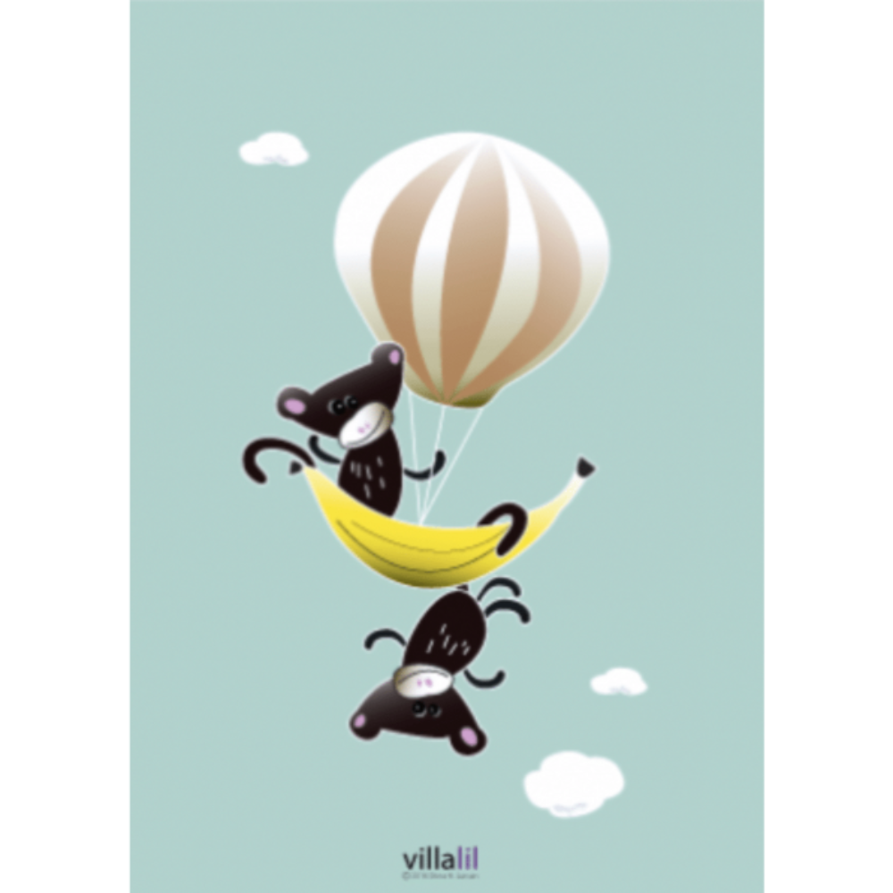 Villalil / Plakat & Kort / Aber på eventyr.
Plakat med aber i luftballon fra Villalil.