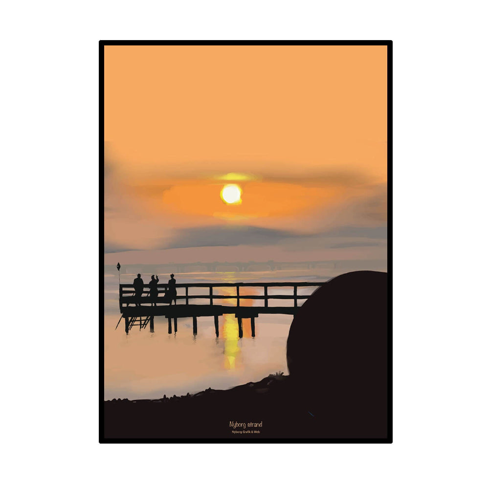 Plakat / Vinterbadning ved Nyborg Strand / Nyborg Grafik & Web.
Plakat med vinterbadning ved Nyborg Strand i solnedgang.
Illustration af solnedgang over vandet ved Nyborg.
